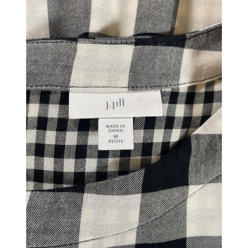 J. Jill Gingham Double Cloth Dress Roll Tab Sleeve Button Back Black & White - Picture 6 of 16